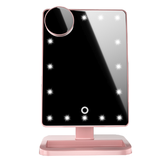 makeup mirror with touch screen led light and bluetooth music speaker rose gold